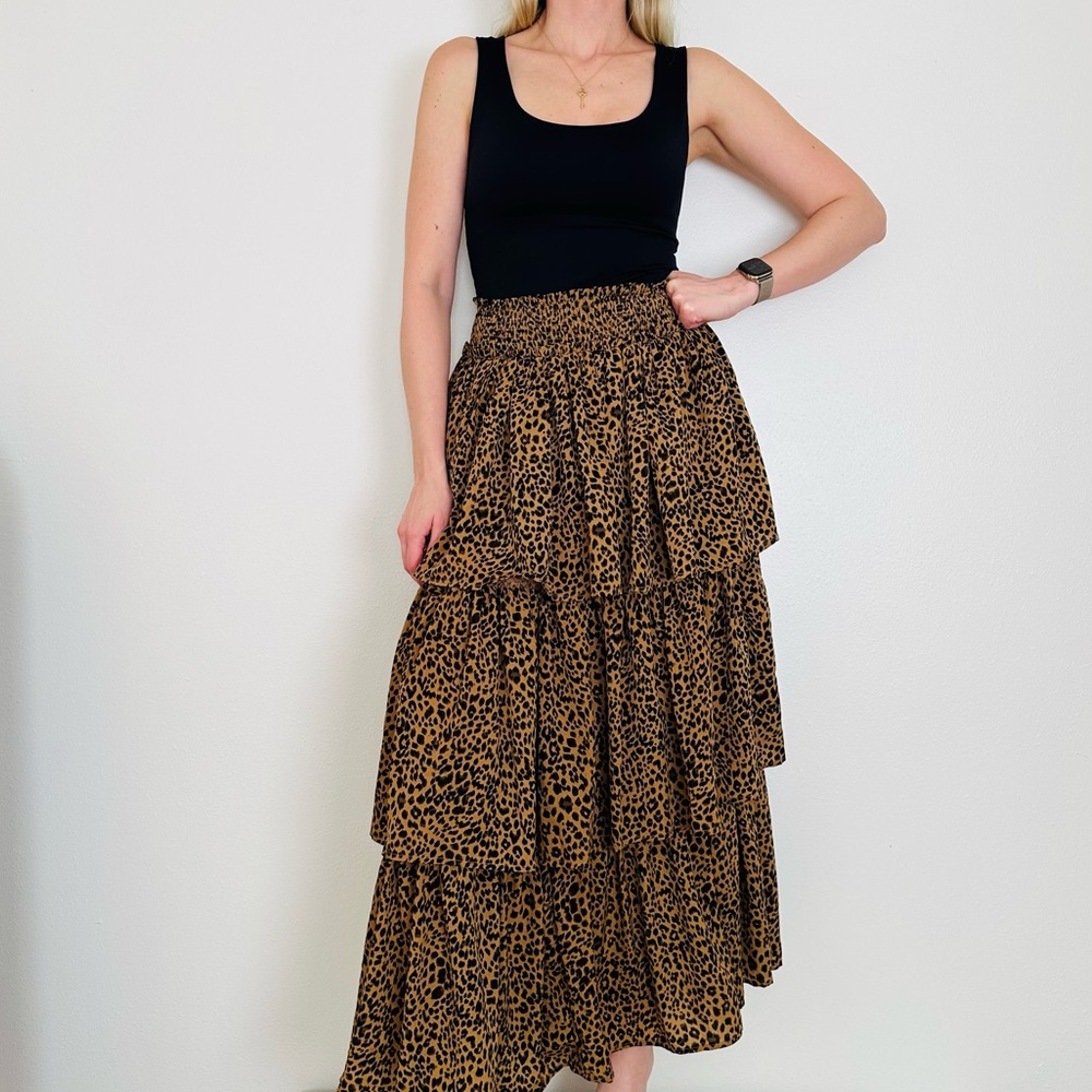 New American Threads Leopard Animal Print Tiered Flare Lightweight Maxi Skirt